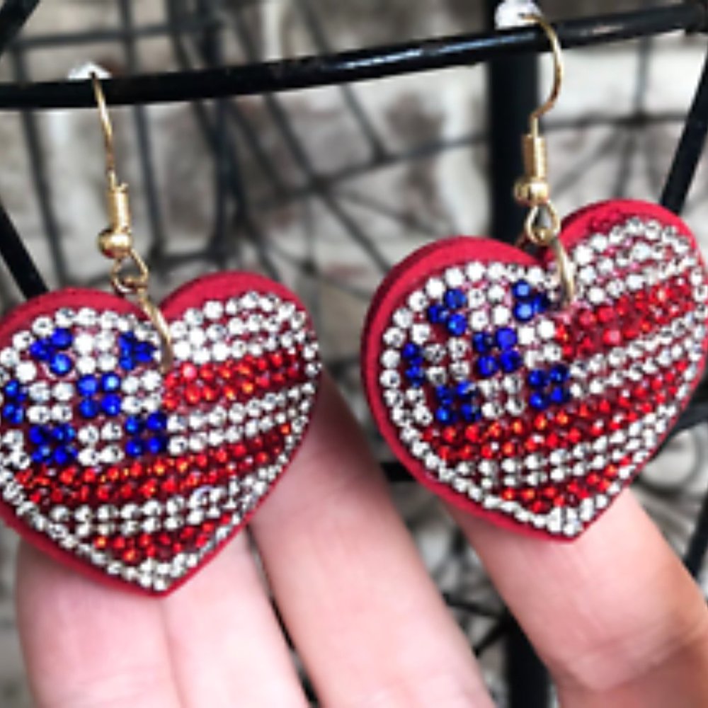 Patriotic Rhinestone Earrings Heart  Labor Day  July 4th Veterans Memori…